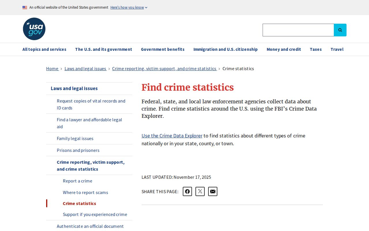 USA.gov official crime statistics information and federal data routes