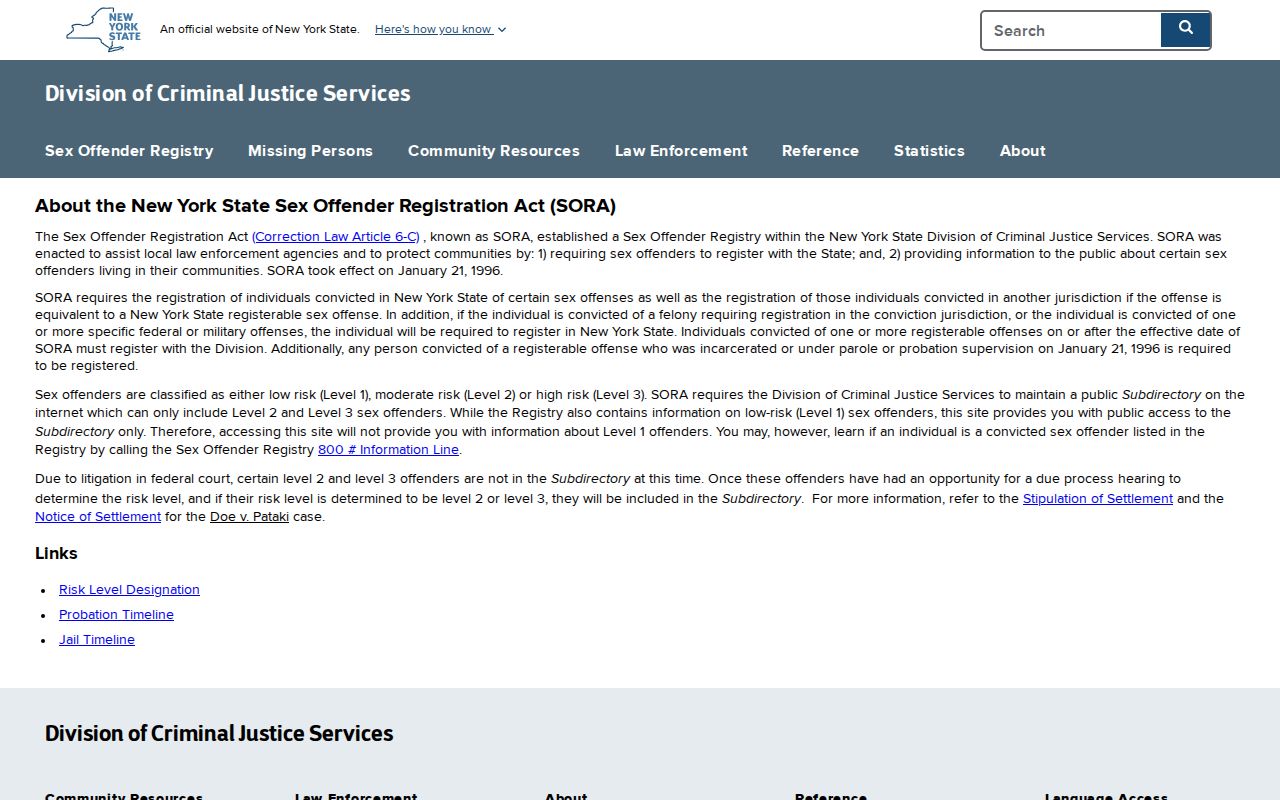 DCJS legal information explaining New York sex offender registry disclosure