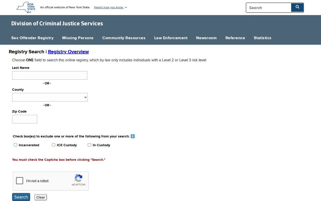 Official New York Level 2 and Level 3 sex offender registry search form