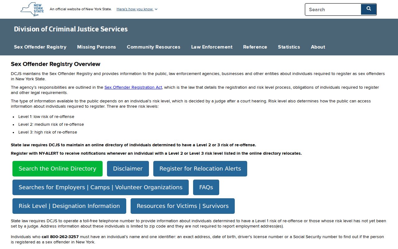 New York State Sex Offender Registry overview showing levels and public access channels